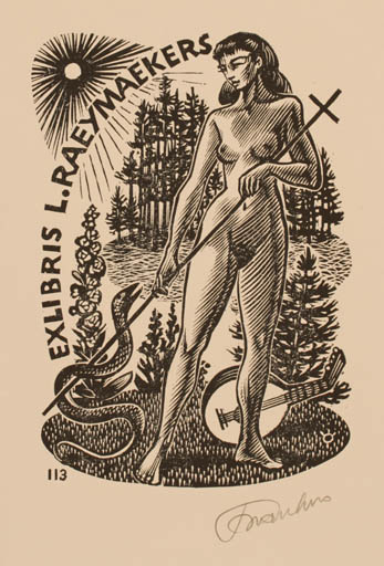 Exlibris by Frank-Ivo van Damme from Belgium for L. Raeymaekers - Fauna Woman Music Nude Sun 