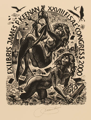 Exlibris by Frank-Ivo van Damme from Belgium for James P. Keenan - Book Exlibris Congress Mermaid Maritime 