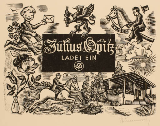 Exlibris by Franz Stummvoll from Germany for Julius Opitz - Child Flower Horseman/Rider 