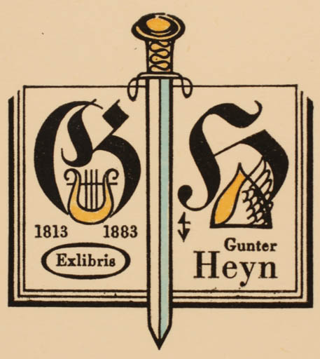 Exlibris by Gerhard Tag from Germany for Gunter Heyn - Book Monogram Text/Writing Weapon 