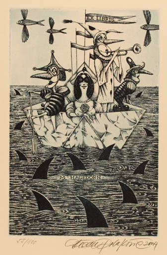 Exlibris by Dusan Polacovic from Slovak Republic for Marietta Hagedorn - Fish Maritime Music Ship/Boat Theater/Cirkus 