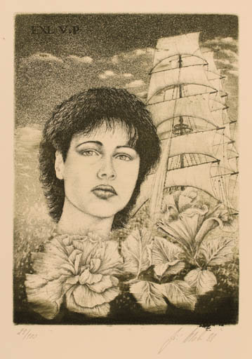 Exlibris by Jiri Vlach from Czechoslovakia for ? V.P. - Flower Woman Portrait Ship/Boat 