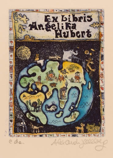 Exlibris by Alexandra von Hellberg from Italy for Angelika Hubert - Fauna Globe Cosmos 