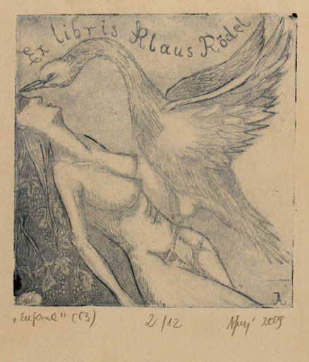 Exlibris by Aleksandra Jagodzinska from Poland for Klaus Rödel - Leda and the Swan 