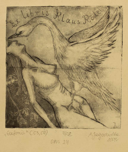 Exlibris by Aleksandra Jagodzinska from Poland for Klaus Rödel - Leda and the Swan Wine 