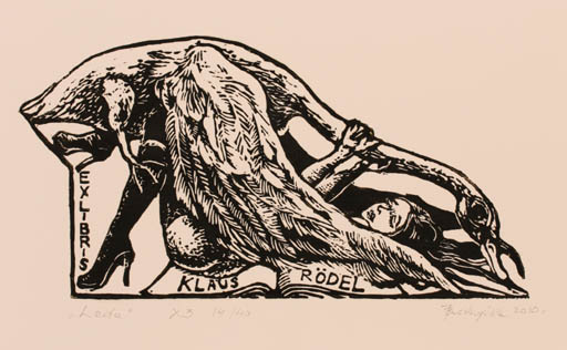 Exlibris by Joanna Budzynska from Poland for Klaus Rödel - Leda and the Swan 