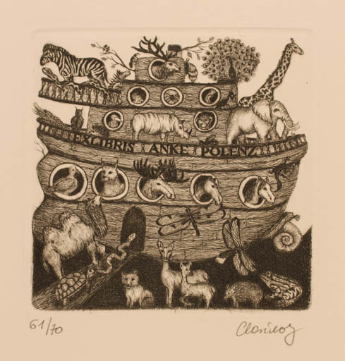 Exlibris by Karina - Kopczynska Janiszewska from Poland for Anke Polenz - Fauna Religion Ship/Boat 