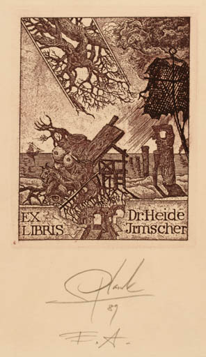 Exlibris by Heinz Plank from Germany for Dr. Heide Irmscher - Architecture Woman Maritime Ship/Boat Surrealism Tree 