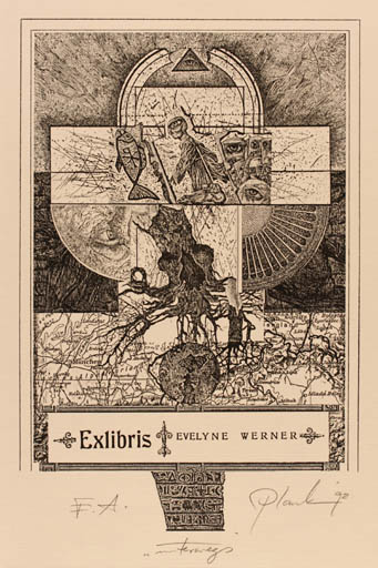 Exlibris by Heinz Plank from Germany for Evelyne Werner - Religion Surrealism 