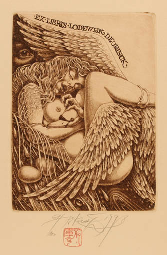 Exlibris by Peter Kocak from Slovak Republic for Lodevijk Deurinck - Leda and the Swan Mythology 