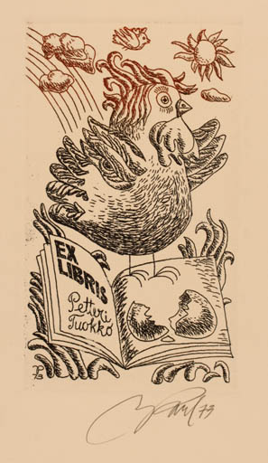 Exlibris by Illimar Paul from Estonia for Petteri Tuokko - Book Bird 