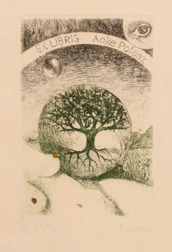 Exlibris by Arnieszka Borowska from Poland for Anke Polenz - Cosmos Woman Scenery/Landscape Nude Tree 