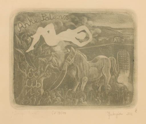 Exlibris by Joanna Budzynska from Poland for Anke Polenz - Flora Horse Woman Scenery/Landscape Mythology Nude 