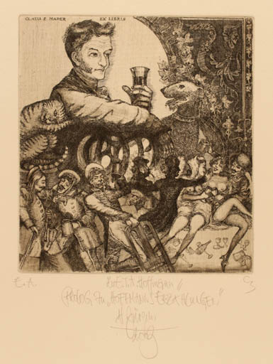 Exlibris by Harry Jürgens from Germany for Claus P. Mader - Dog Cat Theater/Cirkus 