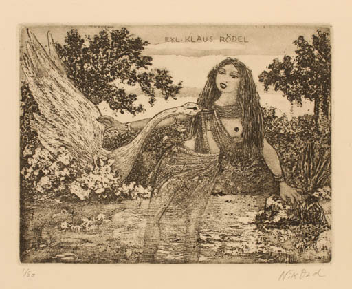 Exlibris by Patricia Nik-Dad from France for Klaus Rödel - Flora Bird Woman 