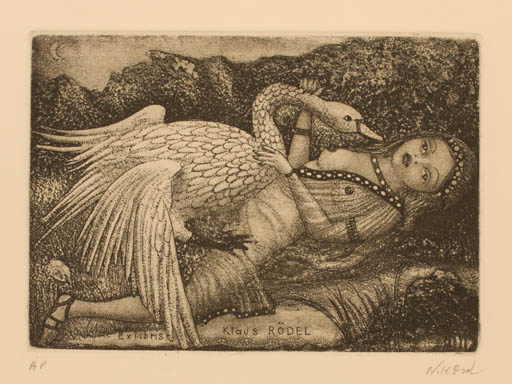 Exlibris by Patricia Nik-Dad from France for Klaus Rödel - Bird Woman 