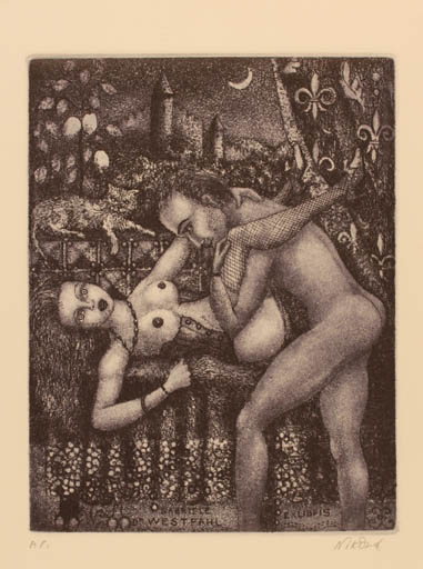 Exlibris by Patricia Nik-Dad from France for ? Westfahl - Erotica Cat Woman Man 