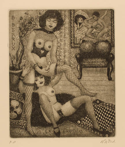 Exlibris by Patricia Nik-Dad from France for B Berrux - Flower Erotica Woman Nude 