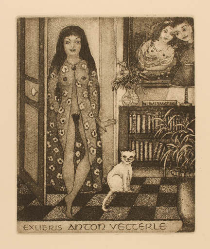 Exlibris by Patricia Nik-Dad from France for Anton Vetterle - Book Interior Flora Cat Woman Nude 