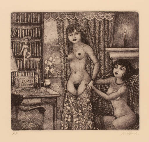 Exlibris by Patricia Nik-Dad from France for James P. Keenan - Interior Flora Woman Nude Wine 