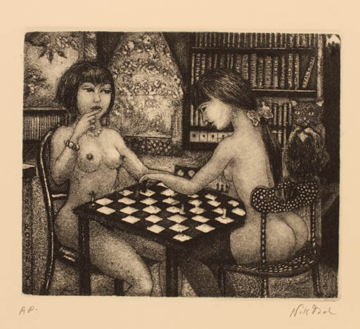 Exlibris by Patricia Nik-Dad from France for Murray Rosen - Interior Cat Woman Nude Sport/game 