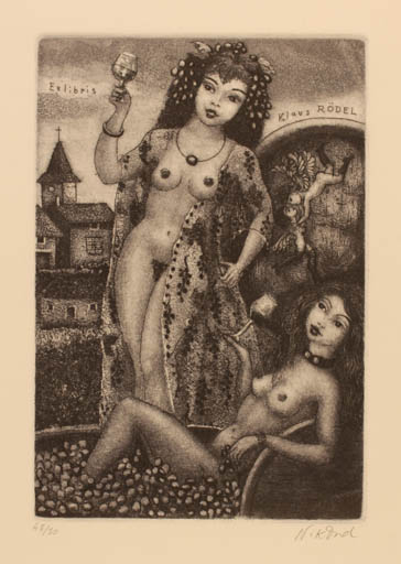 Exlibris by Patricia Nik-Dad from France for Klaus Rödel - Castle/Palace Fruit Woman Nude Wine 