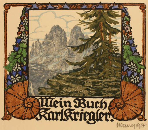 Exlibris by Wilhelm Sauer from Austria for Karl Kriegler - Mountain Flower Fauna Flora Scenery/Landscape Tree 