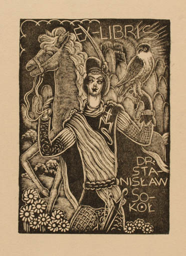 Exlibris by Stefan Mrozewski from Poland for Dr. Stanislaw Sokol - Bird Horse Horseman/Rider 