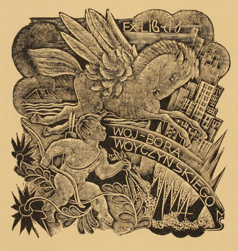 Exlibris by Stefan Mrozewski from Poland for Woj-Bora Woyczynski - Child Pegasus 