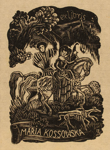 Exlibris by Stefan Mrozewski from Poland for Maria Kossowska - Horse Dog Couple Horseman/Rider 