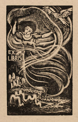 Exlibris by Stefan Mrozewski from Poland for Irena Leszner - Bird Woman 