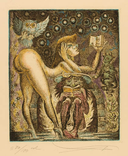 Exlibris by Vladimir Verechagin from Russia for ? ? - Book Woman Nude Owl 