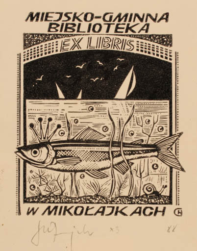 Exlibris by Henryk Grajek from Poland for Miejsko-Gminna Biblioteka w Mikolajkach - Fish 