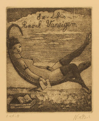 Exlibris by Patricia Nik-Dad from France for Raoul Vaneigem - Book Erotica Woman Nude 