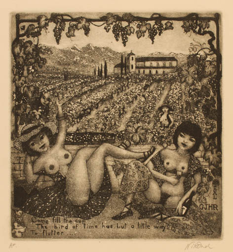 Exlibris by Patricia Nik-Dad from France for ? ? - Erotica Woman Scenery/Landscape Nude Wine 