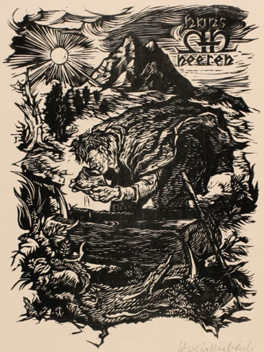 Exlibris by Waltraud Weissenbach from Austria for Hanns Heeren - Mountain Scenery/Landscape Man 