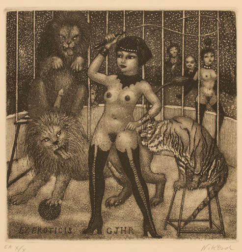 Exlibris by Patricia Nik-Dad from France for ? ? - Fauna Woman Nude Theater/Cirkus 