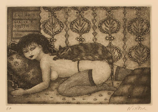 Exlibris by Patricia Nik-Dad from France for Gordon P Smidt - Interior Cat Woman Nude 