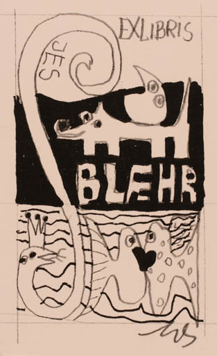 Exlibris by Erik Skjoldborg from Denmark for Jes Blæhr - Fish Dog 