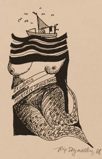 Exlibris by Erik Skjoldborg from Denmark for Morten Skjoldborg - Mermaid Ship/Boat 