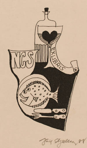 Exlibris by Erik Skjoldborg from Denmark for ? N.C.S - Fish Food Wine 