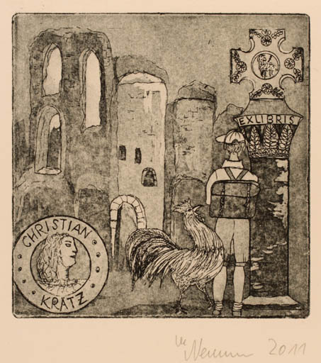 Exlibris by Marlene Neumann from Germany for Christian Krätz - Child Castle/Palace Bird 