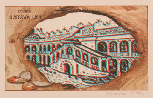 Exlibris by Agnieszka Lipska from Poland for Gustawa Lisa - Castle/Palace Butterfly 