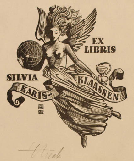 Exlibris by Henno Arrak from Estonia for Silvia Karis- Klaassen - Angel Globe 