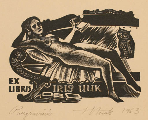 Exlibris by Henno Arrak from Estonia for Iris Uuk - Book Woman Nude Owl 