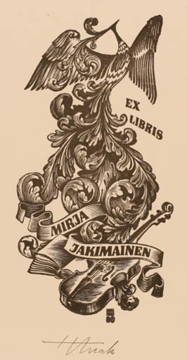 Exlibris by Henno Arrak from Estonia for Mirja Jakimainen - Book Bird Phoenix Music Ornament 