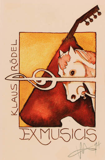 Exlibris by Antonino Viviano from Denmark for Klaus Rödel - Ex Mucika Horse Music 