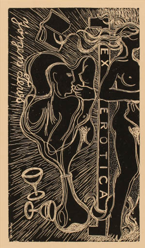 Exlibris by Muggi Wille-Nielsen from Denmark for Jørgen Tews - Book Erotica Ex Erotica Woman Man Nude Wine 