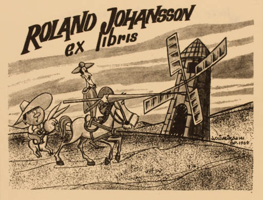 Exlibris by Jorge Oliveira from Spain for Roland Johansson - Don Quijote Mill Horseman/Rider 