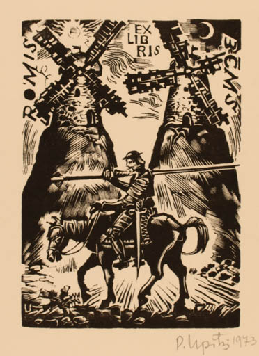 Exlibris by Peteris Upitis from Latvia for ? ? - Don Quijote Mill Horseman/Rider 